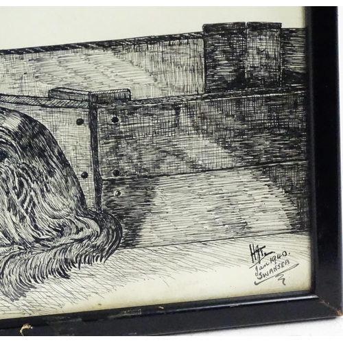690 - H. Jones, 20th century, Pen and ink, A study of four cats watching a wasp in a dish. Signed and date... 
