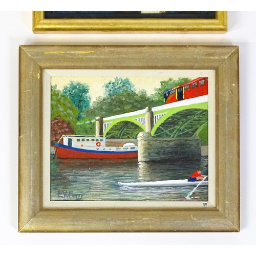 696 - Edward Vulliamy, 20th century, Oil on canvas board, Two bridge scenes, one with a boat, rower and bu... 