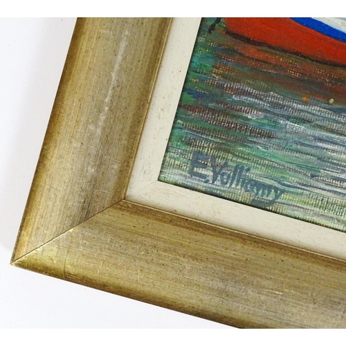 696 - Edward Vulliamy, 20th century, Oil on canvas board, Two bridge scenes, one with a boat, rower and bu... 