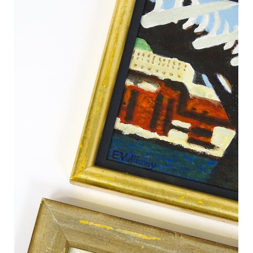 696 - Edward Vulliamy, 20th century, Oil on canvas board, Two bridge scenes, one with a boat, rower and bu... 