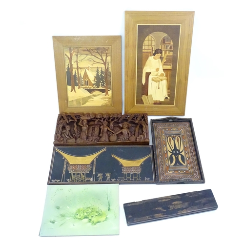 737 - A quantity of assorted items to include a marquetry picture depicting a monk studying and another de... 