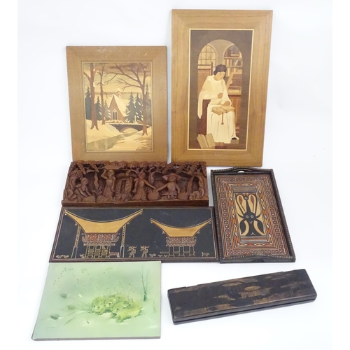 737 - A quantity of assorted items to include a marquetry picture depicting a monk studying and another de... 