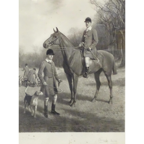 801 - A monochrome lithograph after Thomas E. Marson depicting a hunting scene with huntsmen, horse and ho... 