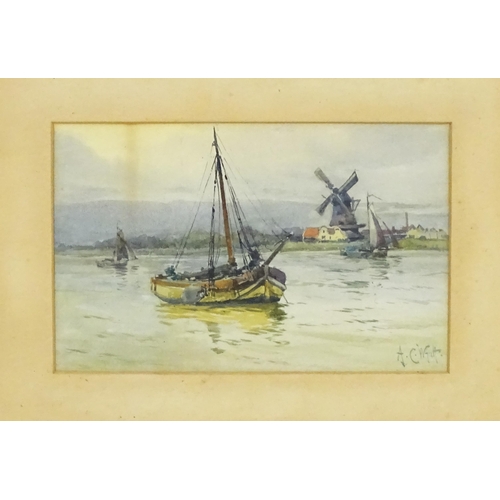 811 - Augustus Charles Wyatt (1863-1933), Watercolour, A river scene with fishing boats and windmill beyon... 