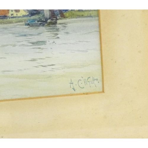 811 - Augustus Charles Wyatt (1863-1933), Watercolour, A river scene with fishing boats and windmill beyon... 