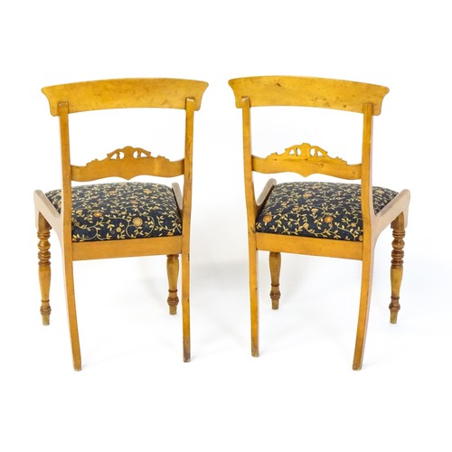 820 - A pair of 19thC side chairs with bowed top rails, carved mid rails, drop in seats and raised on turn... 