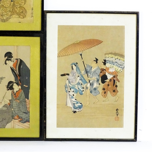824 - A quantity Japanese woodblock prints to include Hanaogi after Masayoshi Kitao, theatrical actor figu... 