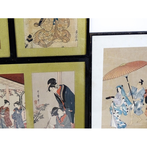 824 - A quantity Japanese woodblock prints to include Hanaogi after Masayoshi Kitao, theatrical actor figu... 