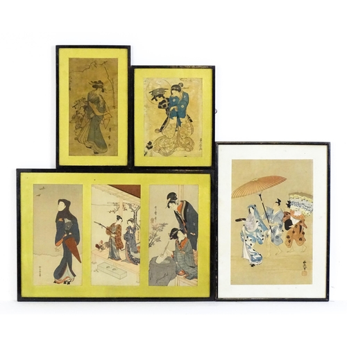824 - A quantity Japanese woodblock prints to include Hanaogi after Masayoshi Kitao, theatrical actor figu... 