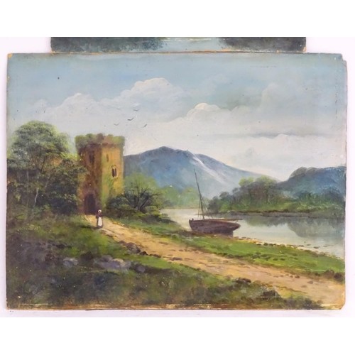 832 - Early 20th century, English School, Oil on card, Two mountain landscapes, one a river landscape with... 