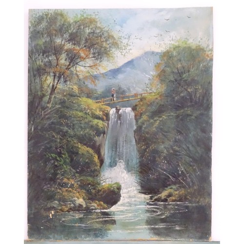 832 - Early 20th century, English School, Oil on card, Two mountain landscapes, one a river landscape with... 