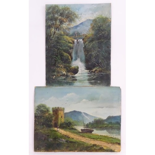 832 - Early 20th century, English School, Oil on card, Two mountain landscapes, one a river landscape with... 