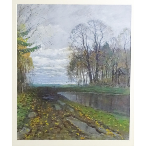 839 - 20th century, Watercolour, A winter river landscape with fallen leaves. Indistinctly signed and date... 