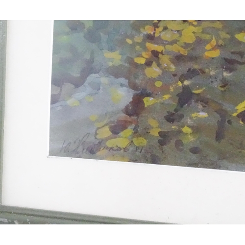 839 - 20th century, Watercolour, A winter river landscape with fallen leaves. Indistinctly signed and date... 