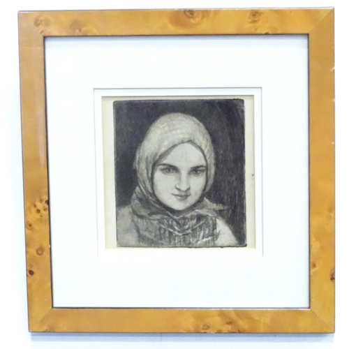 871 - An etching by George Bain depicting a portrait of a woman wearing a headscarf. Approx. 4 1/2