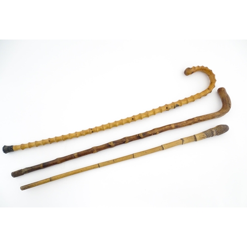 874 - Three assorted walking sticks / canes to include an example with Oriental character marks and scene.... 