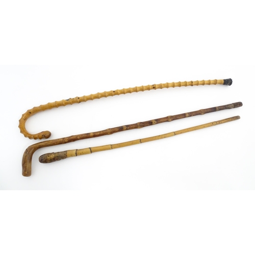 874 - Three assorted walking sticks / canes to include an example with Oriental character marks and scene.... 