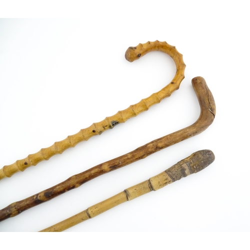 874 - Three assorted walking sticks / canes to include an example with Oriental character marks and scene.... 