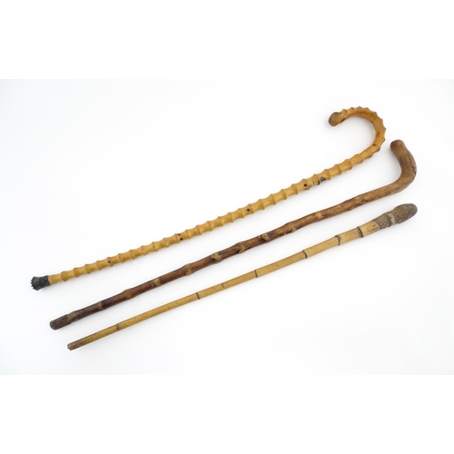 874 - Three assorted walking sticks / canes to include an example with Oriental character marks and scene.... 