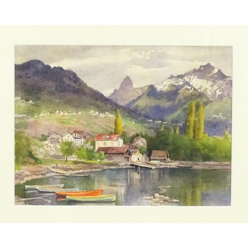 879 - Isobel Badcock, 20th century, Watercolour, Montreux, A Swiss lake landscape with moored boats and mo... 