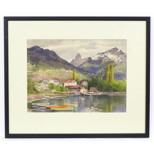 879 - Isobel Badcock, 20th century, Watercolour, Montreux, A Swiss lake landscape with moored boats and mo... 