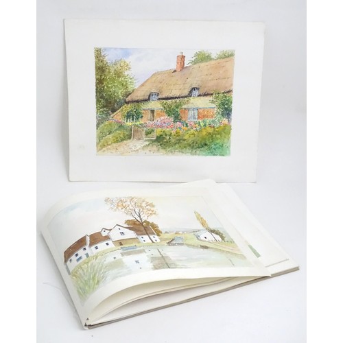 885 - A sketchbook of watercolours by V. R. Burrow, to include view of Lichfield, a thatched cottage with ... 