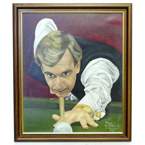 895 - M. Corsuch, 20th century, Acrylic on canvas board, Tony Griffiths World Snooker Champion 1979. Signe... 