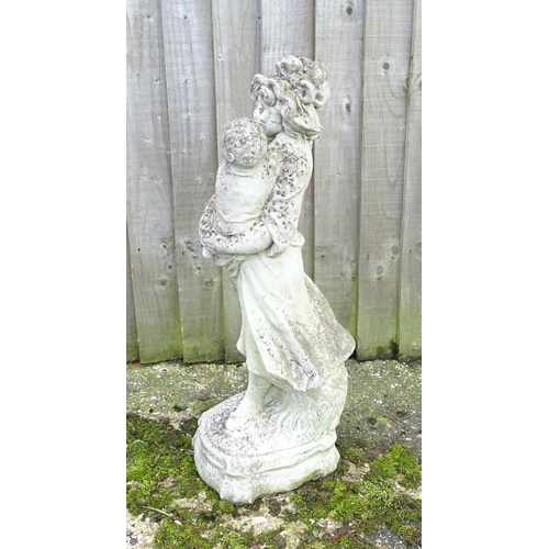 901 - Garden & Architectural : a reconstituted stone statue formed as a mother and child, standing approx ... 