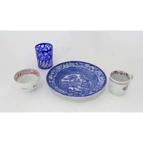 128 - Assorted items comprising a blue and white dish decorated in the Nuneham Courtenay pattern with wild... 