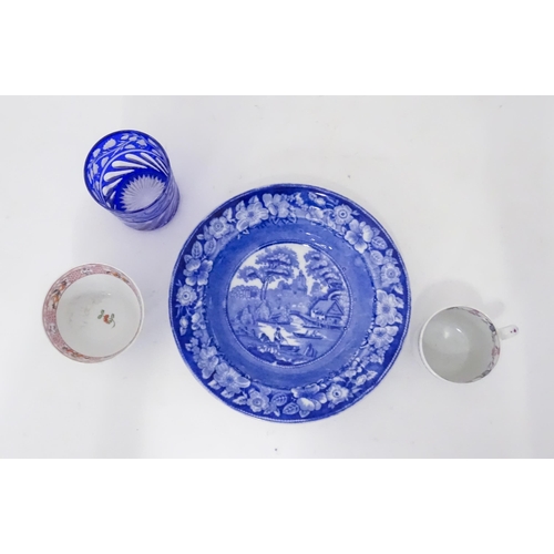 128 - Assorted items comprising a blue and white dish decorated in the Nuneham Courtenay pattern with wild... 