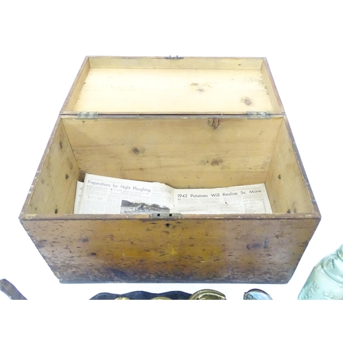 311 - A quantity of miscellaneous items contained within a wooden box to include a paperweight, a codd bot... 