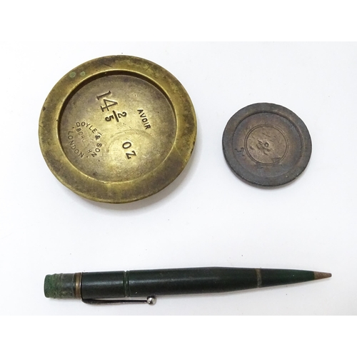 708 - Postal scales by T. J. Smith, Son & Co. of London. Together with associated weights, a stamp box, an... 