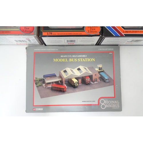 72 - Three Exclusive First Editions 1:76 scale double-decker bus models, together with a Corgi / Original... 