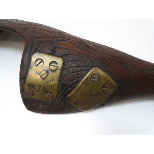 872 - A 19thC carved shoulder yoke, together with a late 19thC bow saw with a mahogany handle stamped '712... 