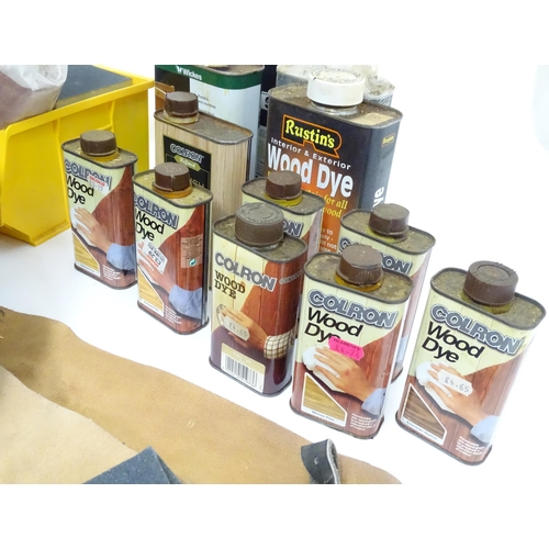 12 - A quantity of assorted carpentry / woodworking wood dyes, sanding blocks and sandpaper etc, together... 