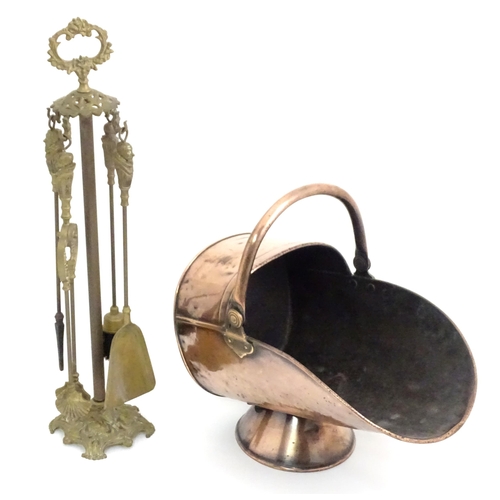 334 - An early 19thc copper coal scuttle, with swing handle and stamped '16' to the back, together with a ... 