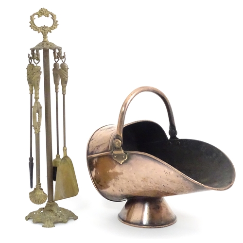 334 - An early 19thc copper coal scuttle, with swing handle and stamped '16' to the back, together with a ... 