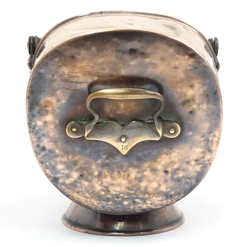 334 - An early 19thc copper coal scuttle, with swing handle and stamped '16' to the back, together with a ... 