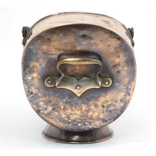 334 - An early 19thc copper coal scuttle, with swing handle and stamped '16' to the back, together with a ... 