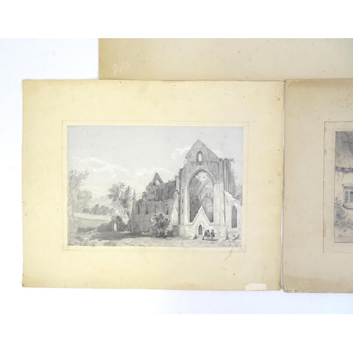 375 - Five pencil drawings to include a study of Tintern Abbey, village scenes with buildings and figures,... 