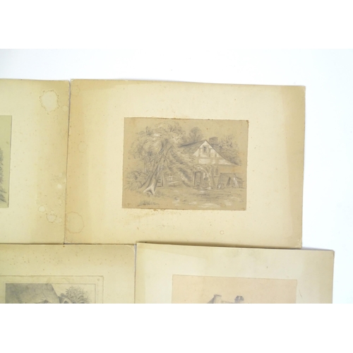 375 - Five pencil drawings to include a study of Tintern Abbey, village scenes with buildings and figures,... 