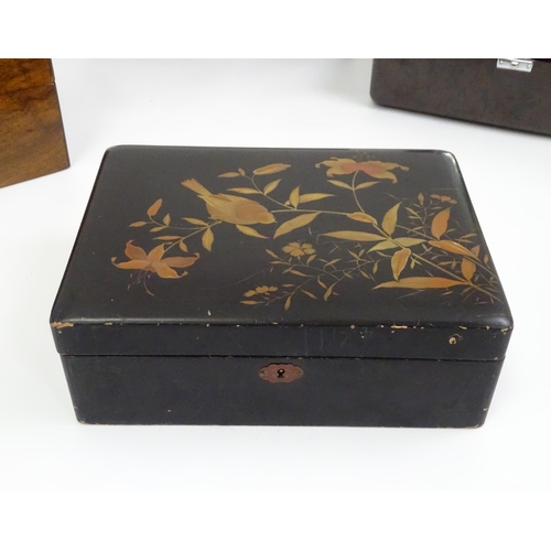 47 - Five assorted boxes to include a lacquered box with bird and flower detail, a walnut work box, a ros... 