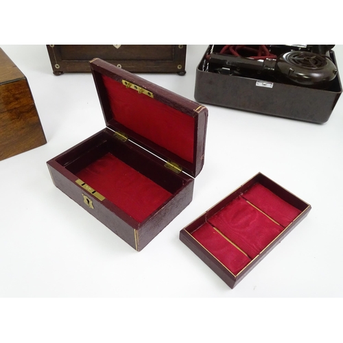 47 - Five assorted boxes to include a lacquered box with bird and flower detail, a walnut work box, a ros... 