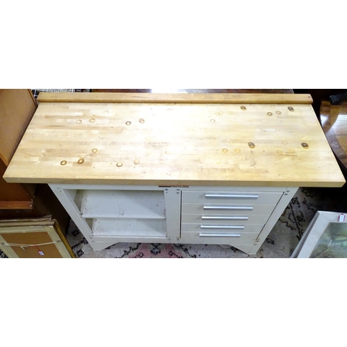 651 - Workshop Tools : An Axminster workbench, the metal base with two shelves and five drawers, approx 54... 