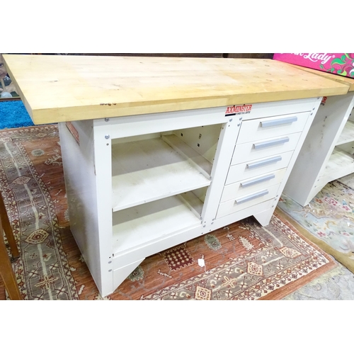 743 - Workshop Tools : an Axminster workbench, the steel base with two shelves and five drawers, approx 54... 