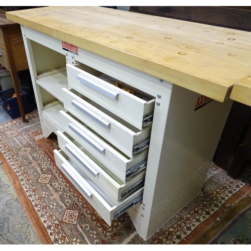 743 - Workshop Tools : an Axminster workbench, the steel base with two shelves and five drawers, approx 54... 