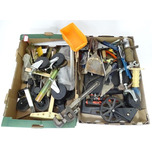 745 - A quantity of hand tools, to include wrench, wheels, vice, hammer etc