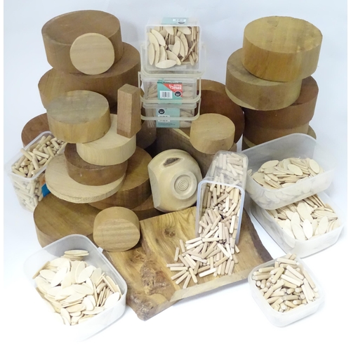 760 - A quantity of carpentry / woodworking specimen woods, dowels and biscuits etc.