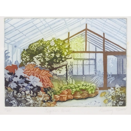 881 - Three prints comprising a limited edition colour etching titled Begonia House, by Rosemary Farrer, a... 