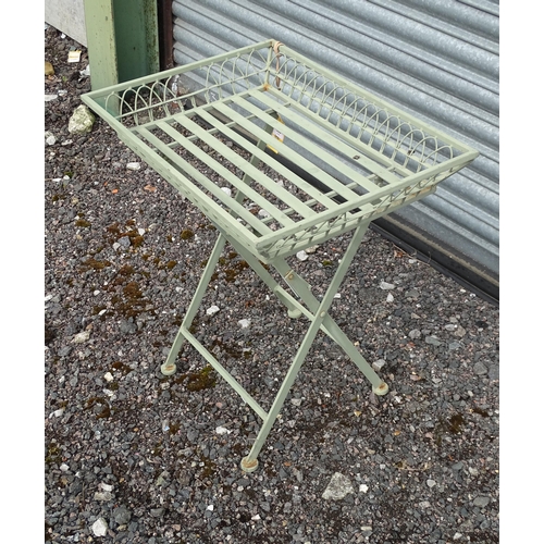 905 - Garden & Architectural : a folding table with tray top and mint green painted finish, approx 23